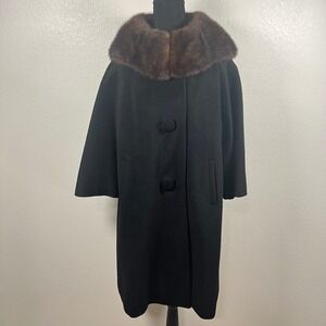 Forstmann Black Wool Mink Fur Collar Coat Vintage 1950s Elegant Womens Outerwear